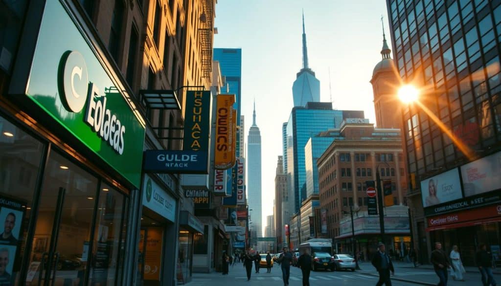 A bustling city street, with local businesses lining the sidewalks. In the foreground, a vibrant storefront proudly displays its name and logo, inviting passersby to explore. The middle ground showcases various signage and advertisements, highlighting the diverse range of services and products available. In the background, towering skyscrapers and landmarks create a dynamic urban landscape, suggesting the importance of local visibility in a competitive market. The scene is bathed in warm, golden lighting, conveying a sense of prosperity and opportunity. Subtle lens flares and a shallow depth of field add a touch of cinematic flair, emphasizing the strategic focus on local SEO strategies for business success.