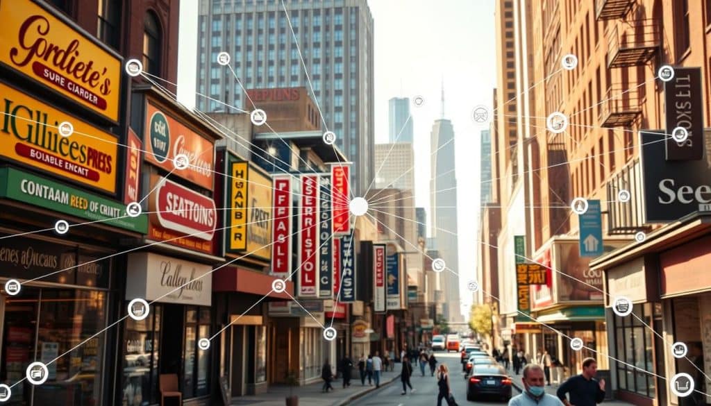 A bustling cityscape with vibrant local storefronts, each adorned with distinctive signage and logos. In the foreground, a web of interconnected local citations and backlinks emanate from a central point, representing the intricate network of online visibility. The mid-ground features a street view with pedestrians and vehicles, capturing the energy and activity of a thriving community. In the background, towering skyscrapers and landmarks create a sense of depth and urban scale. The lighting is warm and natural, casting a welcoming glow over the scene. The overall composition conveys the importance of building a strong local presence through citations and backlinks to boost visibility and reach within the community.