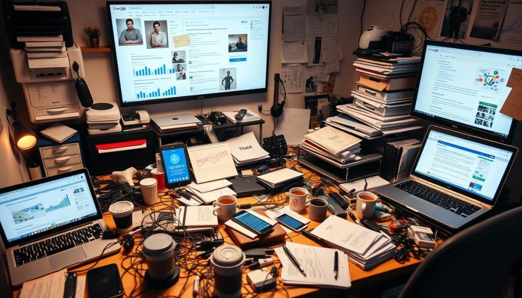 A cluttered desk overflowing with a diverse array of SEO tools, including laptops, tablets, and smartphones. In the foreground, various analytics dashboards and keyword research tools are prominently displayed, casting a warm, focused glow. The middle ground features a tangle of cables, notes, and coffee cups, conveying the hustle and bustle of an active workspace. In the background, a large monitor displays a search engine results page, highlighting the importance of effective positioning. The overall scene is bathed in a soft, diffused light, creating a productive and contemplative atmosphere.