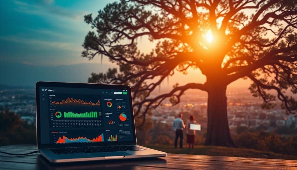 A majestic oak tree stands tall, its branches reaching towards the sky, symbolizing the growth and impact of content on SEO. In the foreground, a laptop displays a vibrant, data-rich dashboard, showcasing the metrics and analytics that guide content strategy. The mid-ground features a team of digital marketers, their faces lit by the glow of their screens, collaborating to craft compelling, SEO-optimized content. The background reveals a sprawling cityscape, representing the vast digital landscape where content reigns supreme. Warm, golden lighting bathes the scene, conveying a sense of vitality and the power of well-crafted content to drive success in the digital realm.