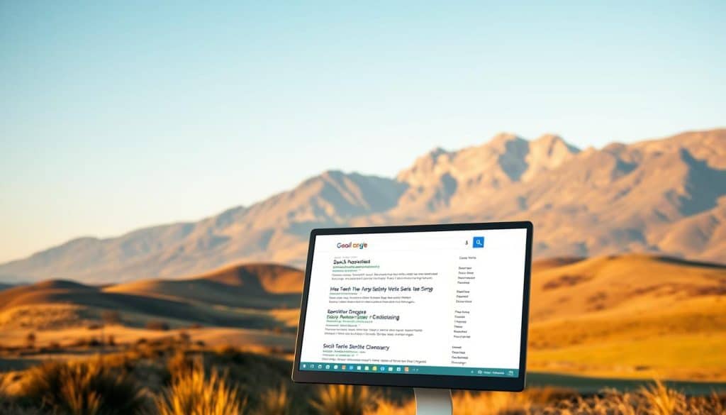 A serene landscape with rolling hills and a clear blue sky. In the foreground, a desktop computer screen displays a search engine results page, the top listings highlighted in vibrant colors to symbolize strong search engine visibility. In the middle ground, a network of interconnected nodes and lines represents the intricate web of online connections. In the background, a towering mountain range bathed in warm, golden light, conveying a sense of reach, growth, and unlimited potential. The scene is captured through a wide-angle lens, emphasizing the expansive, panoramic nature of online visibility and search engine positioning.