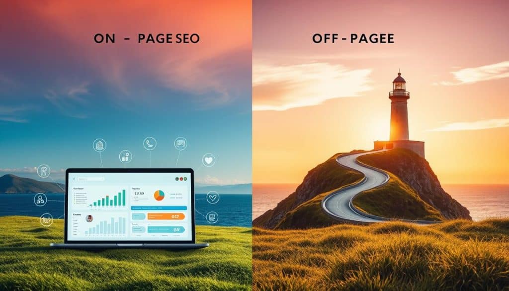 A serene landscape with two distinct halves - the left depicting on-page SEO strategies, the right showcasing off-page SEO tactics. In the foreground, a sleek laptop displaying an analytical dashboard, surrounded by icons and graphics representing technical optimization, content creation, and user experience. In the middle ground, a winding path leads to a towering lighthouse, symbolizing the importance of link building, social media, and online reputation management. The background features a stunning sunset, casting a warm glow over the scene and conveying a sense of balance, harmony, and the ultimate goal of achieving top search engine rankings.