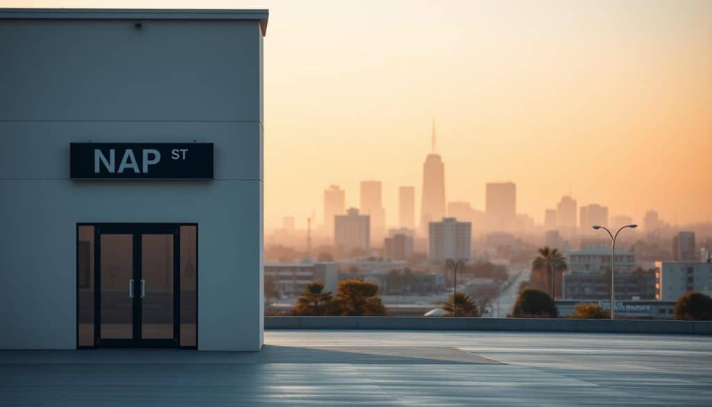 A serene, minimalist landscape showcasing the importance of NAP (Name, Address, Phone) consistency in location-based SEO. In the foreground, a clean, modern office building with a prominent street address signage. In the middle ground, a local street map with clearly marked business locations. The background features a soft, hazy skyline bathed in warm, golden hour lighting, conveying a sense of authority and trust. The overall scene emphasizes the significance of accurate, up-to-date NAP information for successful local search optimization.