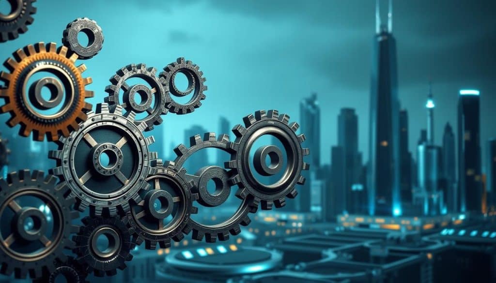 A series of interconnected gears and cogs, each representing a distinct search engine algorithm, against a backdrop of a futuristic digital landscape. The gears are intricately detailed, with intricate patterns and metallic textures, conveying the complexity and precision of these algorithms. The background features a sleek, minimalist cityscape with towering skyscrapers and glowing data streams, suggesting the powerful and ever-evolving nature of search engine technology. The overall composition is balanced, with a sense of depth and movement, reflecting the dynamic and interconnected nature of search engine algorithms. Soft, directional lighting casts subtle shadows, adding depth and dimension to the scene.