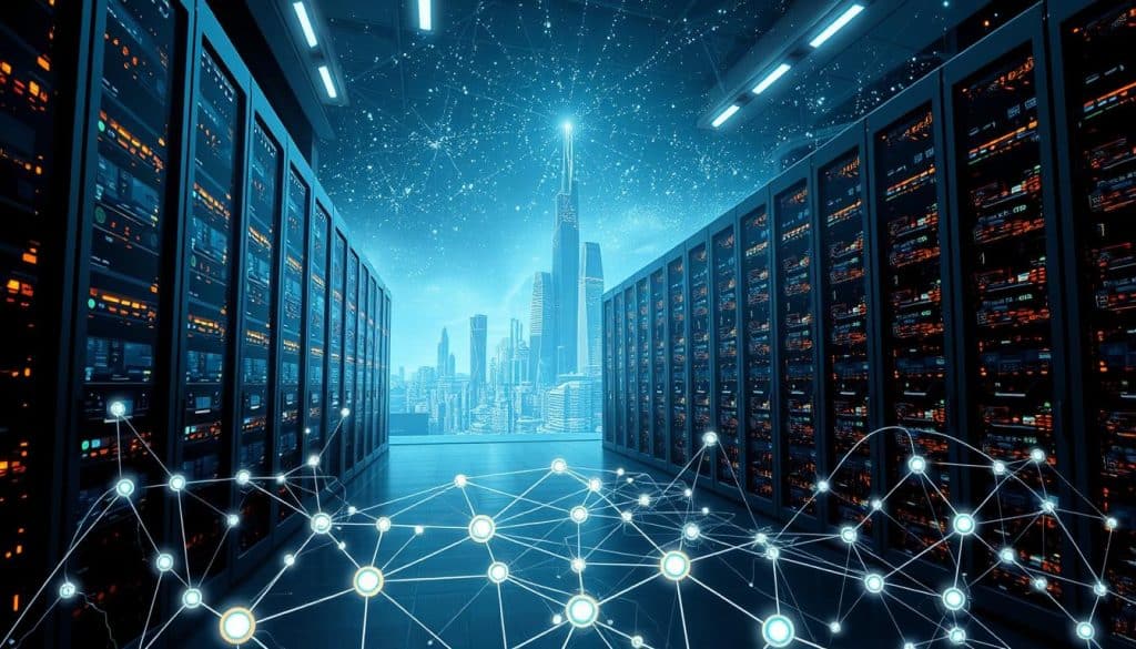 A sleek, futuristic data center filled with glowing servers and intricate algorithms. In the foreground, a complex flowchart of interconnected nodes and lines, depicting the intricate logic of search engine algorithms. The middle ground features a towering digital landscape, with towering data spires and pulsing networks of information. In the background, a vast, starry sky, hinting at the vastness of the digital universe. Bright, high-key lighting illuminates the scene, creating a sense of technological wonder and innovation. Captured with a wide-angle lens to convey the scale and grandeur of the search engine algorithms at work.