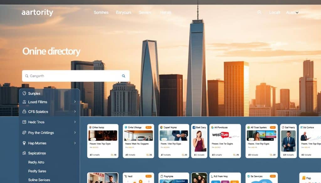 A sleek, modern online directory interface showcasing various business categories and services. In the foreground, a minimalist directory search bar and navigation menu with crisp icons. The middle ground features thumbnail previews of different business listings, each with a clean, stylized design. The background depicts a cityscape with tall skyscrapers, conveying a sense of urban business growth and opportunity. Warm, directional lighting casts subtle shadows, creating depth and a professional, aspirational atmosphere. The overall composition suggests a comprehensive, user-friendly platform to discover and connect with diverse local and online businesses.