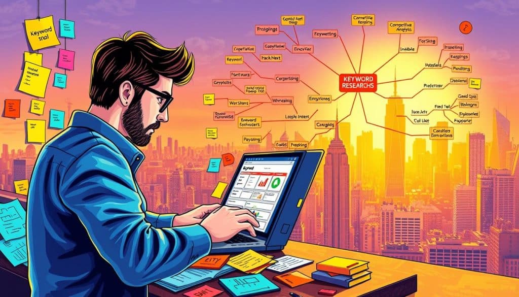 A vibrant, detailed illustration showcasing the keyword research process in SEO. In the foreground, a researcher meticulously examines a laptop screen displaying keyword analysis tools, surrounded by an array of colorful sticky notes and research materials. The middle ground features a mind map visualizing the interconnected relationships between target keywords, search intent, and competitive analysis. In the background, a city skyline with towering skyscrapers represents the competitive online landscape, illuminated by a warm, golden lighting that casts a sense of focus and determination. The overall composition conveys the strategic, data-driven nature of effective SEO keyword research.