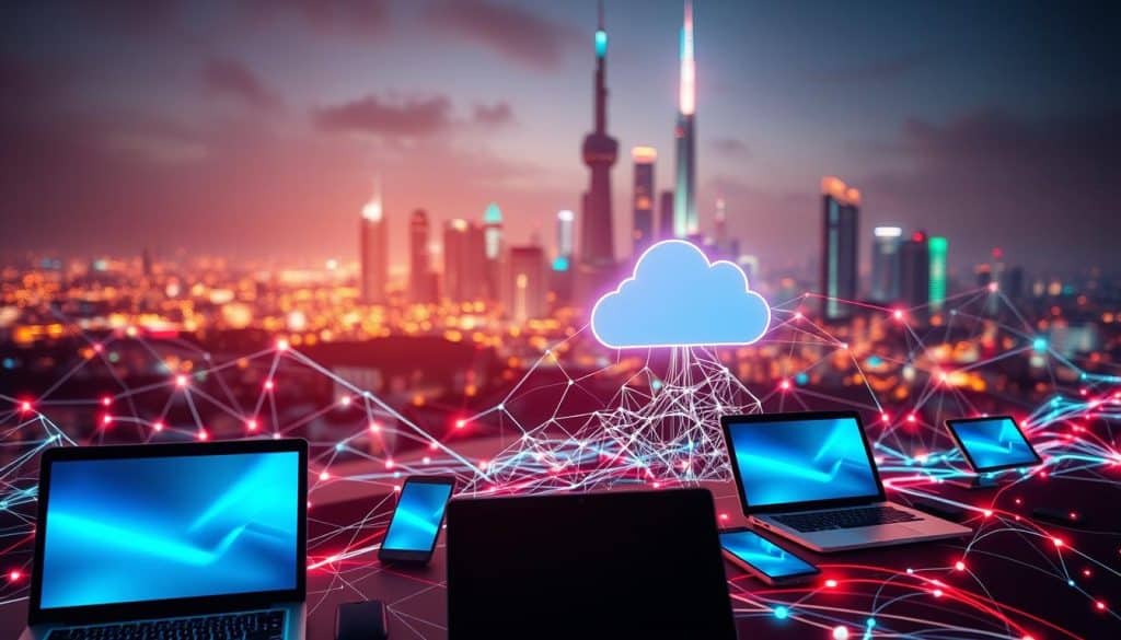 A vibrant digital landscape, with interconnected nodes and pathways pulsing with data flows. In the foreground, an array of devices - laptops, smartphones, tablets - seamlessly interacting, their screens reflecting the intricate web of digital connections. The middle ground features a stylized visualization of the cloud, with dynamic data streams converging and diverging, underscoring the fluidity of information exchange. In the background, a futuristic cityscape rises, its towering structures emblematic of the built environment's integration with ubiquitous technology. Soft, diffused lighting imbues the scene with a sense of harmony, while a subtle depth-of-field effect suggests the infinite possibilities of this digital ecosystem.