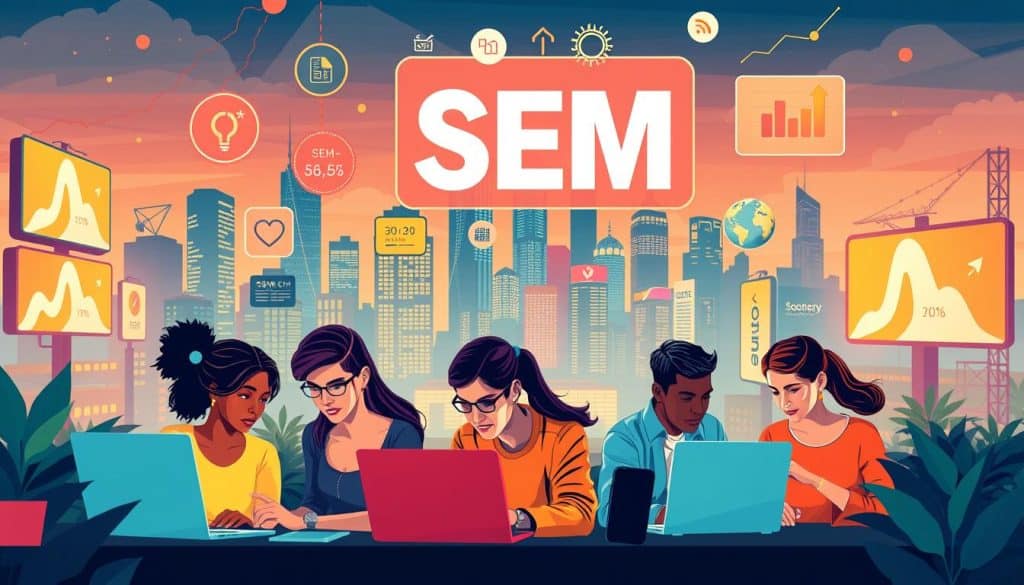 A vibrant, richly detailed digital illustration showcasing the benefits of search engine marketing (SEM). The foreground features a diverse team of digital marketers collaborating on a campaign, their faces illuminated by the glow of their laptop screens. In the middle ground, a series of floating icons and infographic elements illustrate key SEM metrics such as increased website traffic, higher conversion rates, and improved brand visibility. The background depicts a cityscape, with skyscrapers and billboards symbolizing the broad reach and impact of SEM strategies. The overall scene conveys a sense of dynamism, innovation, and the synergistic power of data-driven digital marketing.