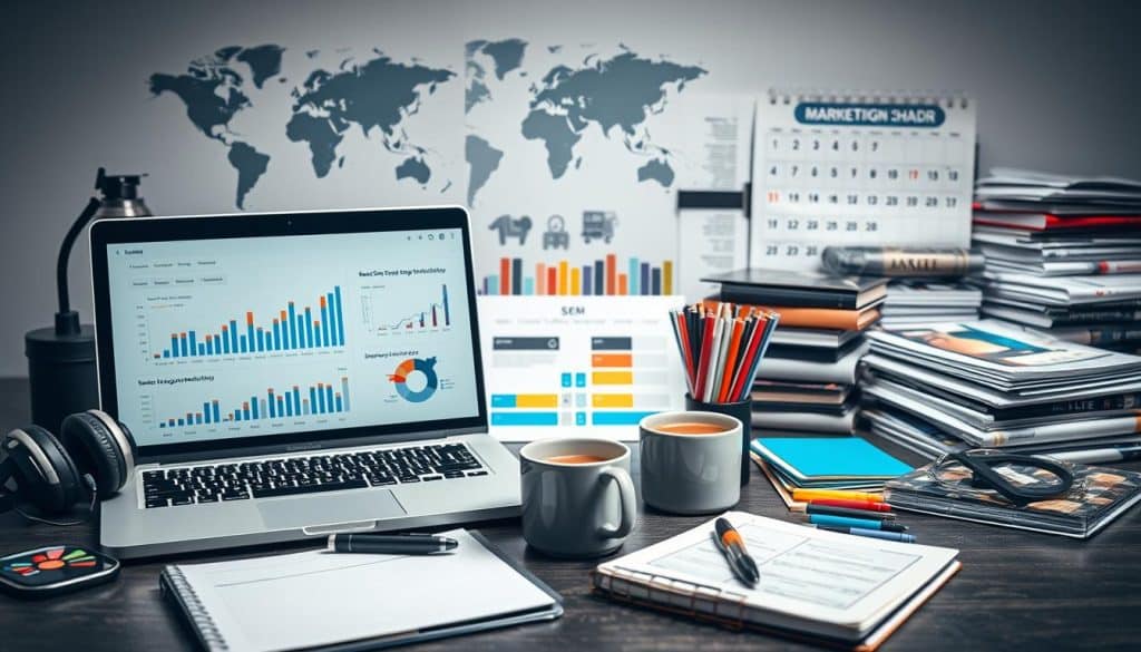 A well-lit, detailed still life scene depicting a collection of essential tools for search engine optimization (SEO) and search engine marketing (SEM). In the foreground, a laptop, a smartphone, and a tablet display analytics dashboards and research platforms. Surrounding them are various accessories like a notebook, a pen, a pair of headphones, and a cup of coffee. In the middle ground, a magnifying glass, a strategy map, and a set of color-coded index cards hint at the research and planning process. In the background, a world map, a calendar, and a stack of marketing publications suggest the broader digital landscape. The lighting is soft and diffused, creating a contemplative and professional atmosphere.