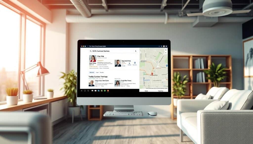 a detailed 3D digital illustration of the essential components of local SEO optimization, including a search engine results page (SERP) display with a Google My Business listing, a map pack, and other local search elements. The scene is set in a modern office environment with a clean, minimalist aesthetic. The lighting is soft and natural, creating a warm, inviting atmosphere. The camera angle is slightly elevated, providing a birds-eye view of the workspace. The focus is on the display screen, showcasing the key aspects of local SEO optimization for a small business.