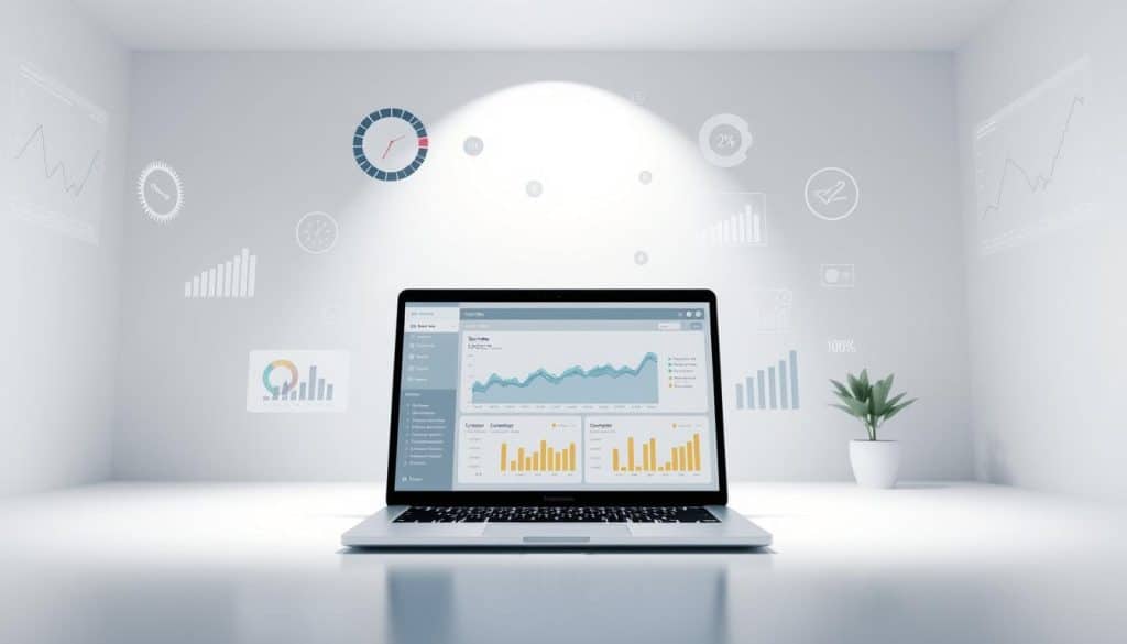 a high-quality 3D render of a modern lead generation system, with a sleek and intuitive user interface displayed on a laptop screen in the foreground. The system is surrounded by various data visualization elements, such as graphs, charts, and metrics, floating in a minimalist, tech-inspired environment. The lighting is bright and directional, creating a sense of focus and professionalism. The angle is slightly elevated, giving the viewer a comprehensive overview of the lead generation workflow. The overall tone is one of efficiency, productivity, and data-driven decision-making, reflecting the "Lead Generation Systems that Drive Revenue" theme.